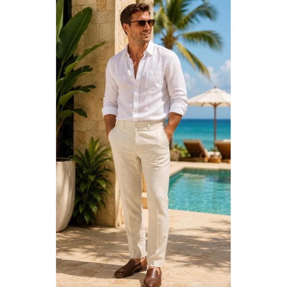 Calvin Klein Slim Fit Solid Linen Dress Pants Men 38x32 Beige Classic 4 Pocket
